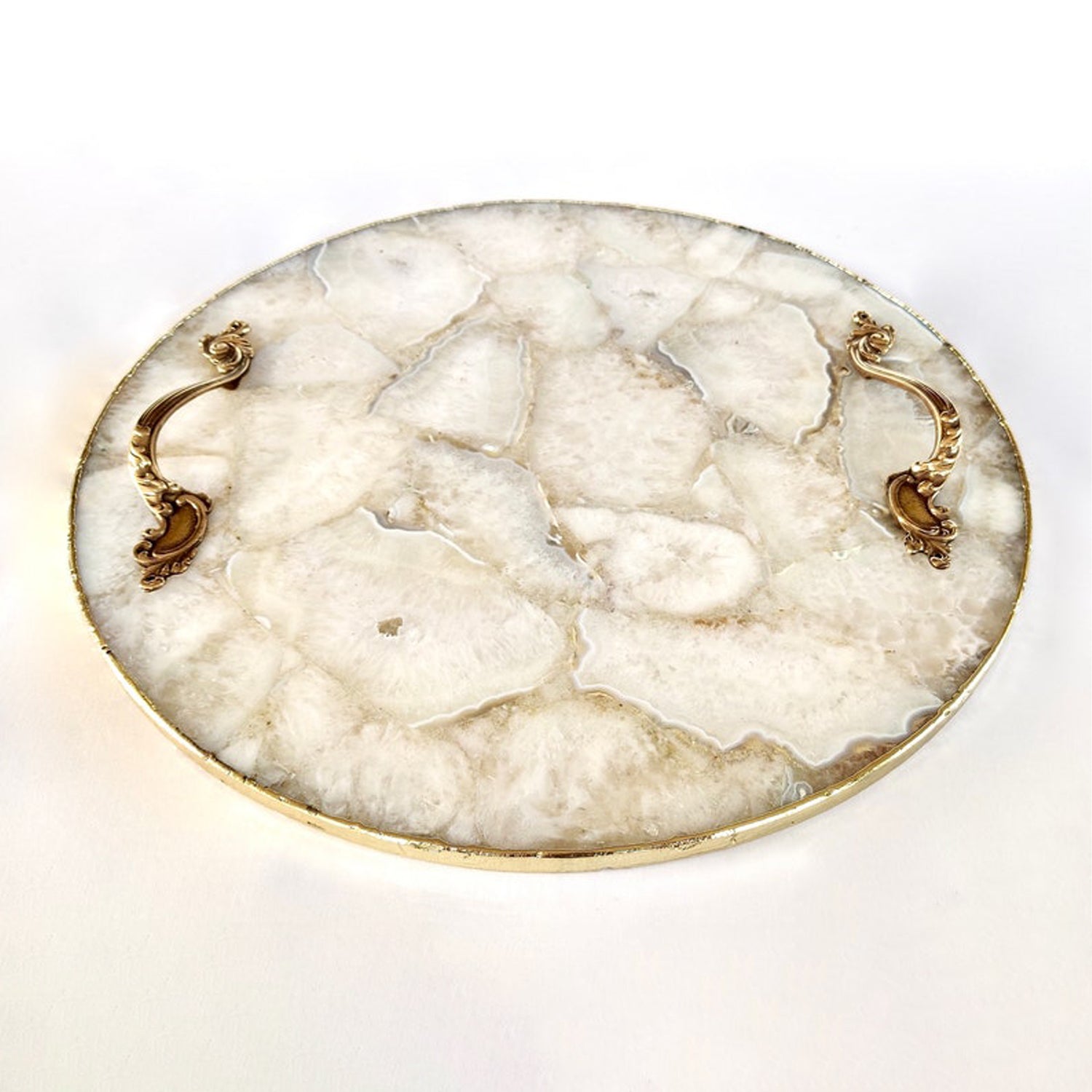 White Agate Serving Tray With Brass Handles | Circular |